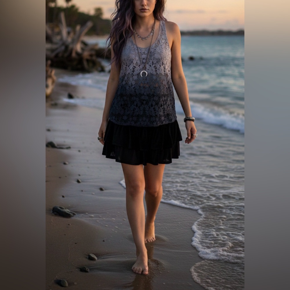 Ya Los Angeles Gray Lace Crochet Tank Top L BOHO GOTH Grunge Party